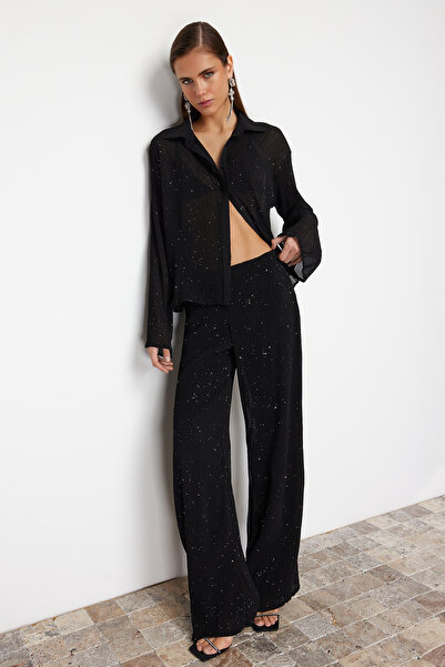 Trendyol Collection Glitter Black Chiffon Trousers - Lined, Woven, TPRSS24PL00009