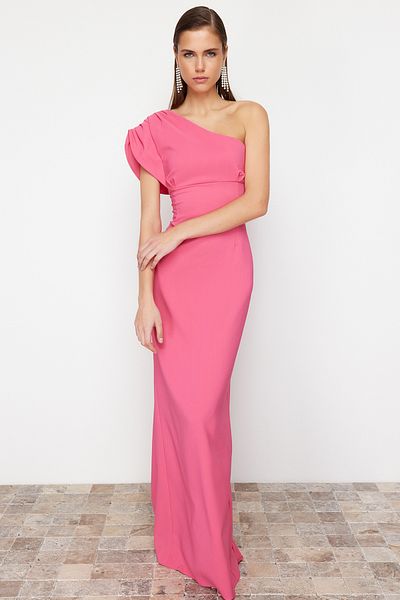 Trendyol Collection Φούξια ασύμμετρο γιακά βραδινό φόρεμα - TPRSS24AE00119