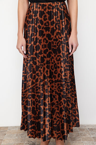 Trendyol Collection Brown Pleated Animal Print Printed Stretchy Knitted Skirt TWOSS24ET00041