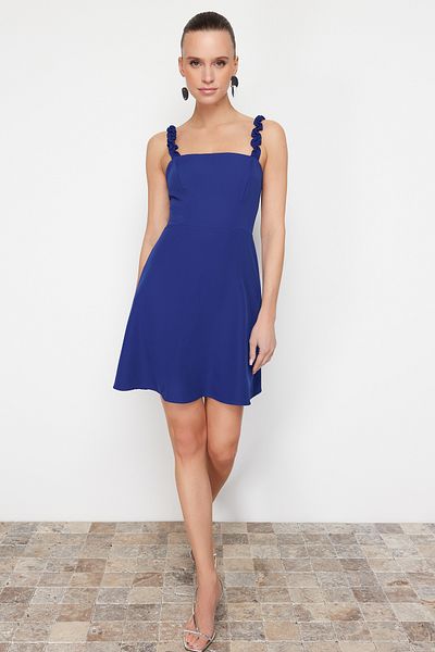 Trendyol Collection Indigo A-vonalú négyzet alakú gallérszíj, részletes mini szövött ruha TWOSS22EL2175