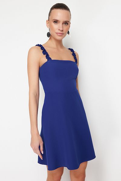 Trendyol Collection Indigo A-vonalú négyzet alakú gallérszíj, részletes mini szövött ruha TWOSS22EL2175