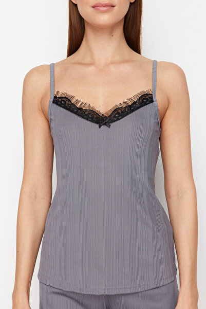 Trendyol Collection Corded Knitted Pajama Set - Anthracite Lace and Ribbon, Rope Strap Thmss24pt00360