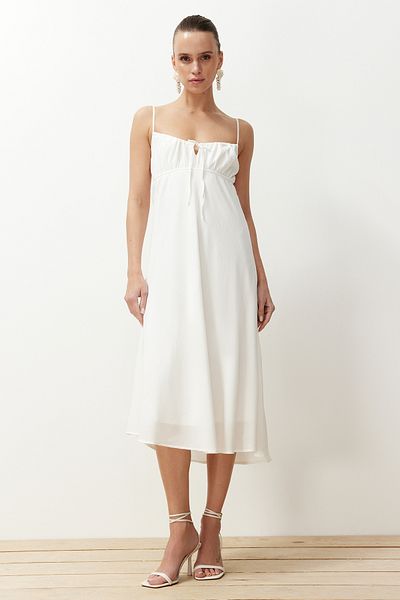 Trendyol Collection Midi tkané šaty Ecru A-line s límcem TWOSS24EL00739