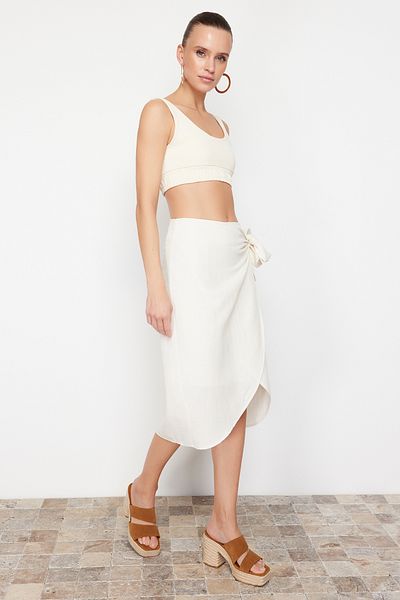 Trendyol Collection Ecru Double Breasted Lacing Detail Midi Length Woven Skirt Twoss24Et00177