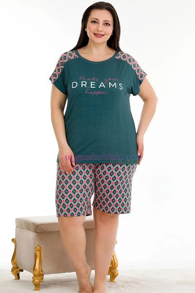 quilling Plus Size Green Floral Patterned Pajamas Set with Shorts - Lady 10388