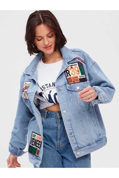 NEVEGE BUTİK سترة نسائية-3 جينز مطبوع ومزخرف