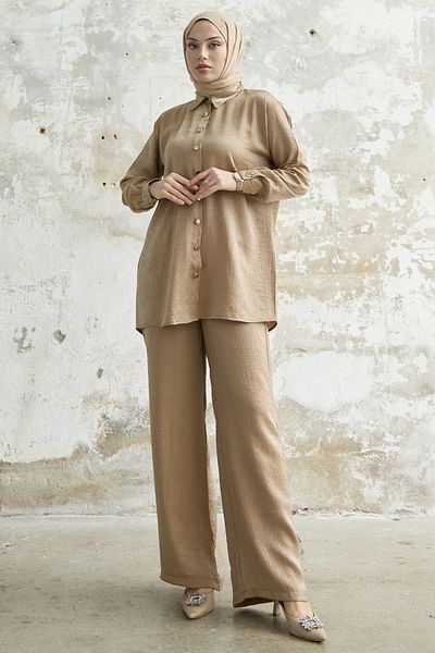 InStyle Shirt Collar Glittered Double Set - Camel