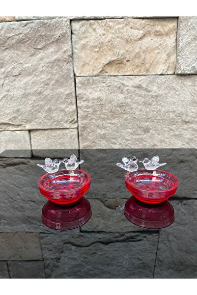 Peramari Dekoratif Kristal Cam Renkli Kuşlu İkili Sunumluk Kırmızı
