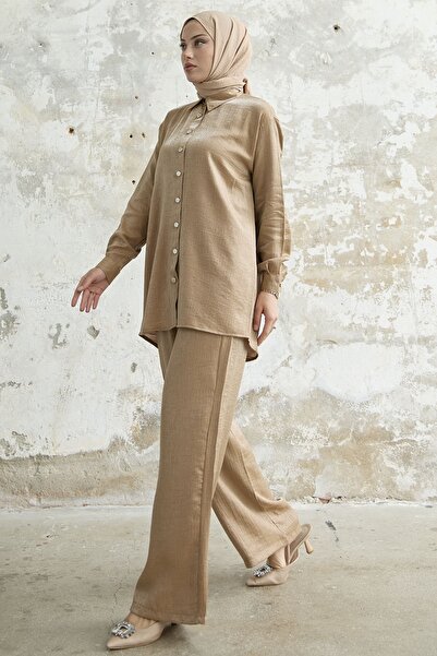 InStyle Πουκάμισο γιακά Glittered Διπλό Σετ - Camel