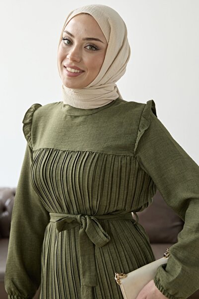 InStyle Front Pleated Ruffle Detail Set - Khaki