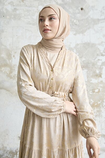InStyle Gold Floral Gilded Dress - Beige