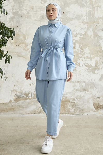 InStyle Stone Trim Double Jeans Set - Light Blue