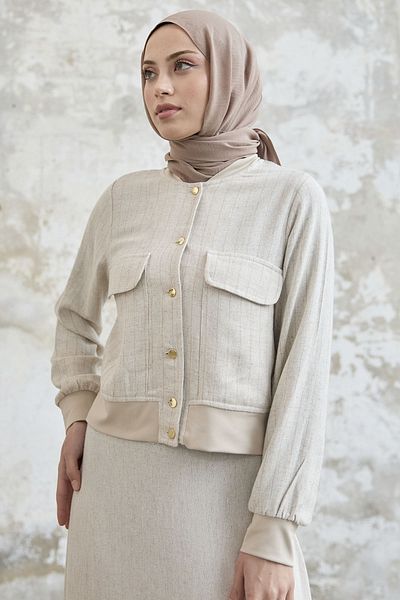 InStyle Linen Suit with Striped Jacket Skirt - Brown