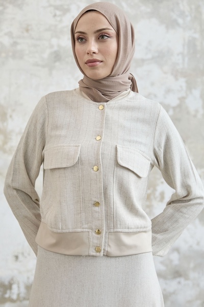 InStyle Linen Suit with Striped Jacket Skirt - Brown