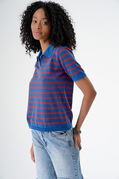 CHUBA Women's Polo Collar Short Sleeve Striped Knitwear T-Shirt Navy-Nar 24S157