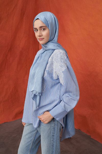 ARMANDA Şal italian cu dungi jacquard - albastru denim
