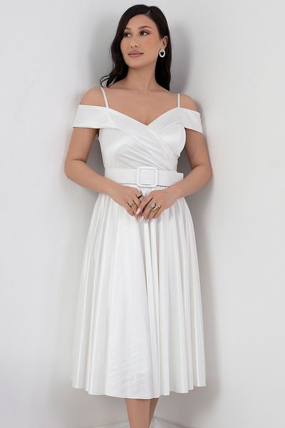 PULLIMM Satin Evening Dress - Off Shoulder and Belt 39830