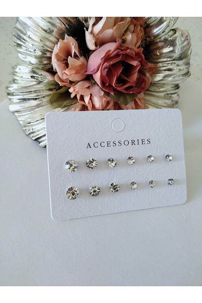 MİRAKSESUAR Silver Colored Crystal Stone Detailed Multiple Earrings Set
