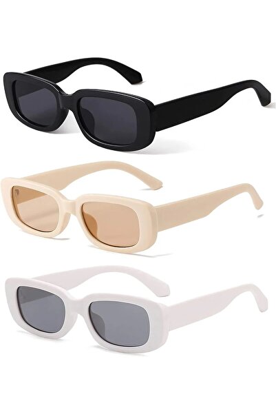KAMPANİX New Season Trend Model 3-Piece Unisex Sunglasses Set Black Beige White