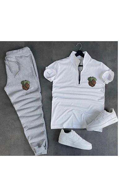 ANSECO STUDİO White Jersey Fabric Half Zipper T-shirt Gray Summer Sweatpants Dollar Printed