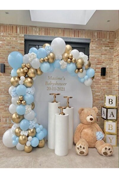 party mix Mavi Beyaz Gold Balon Zincir Set 100'lü Set Ayı Doğum Günü Konseptl...