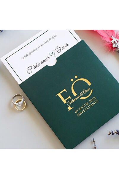 Pixel Davetiye 50 Adet Yeşil Yaldız Davetiye Düğün Nişan Kına Sünnet Nikah 8672