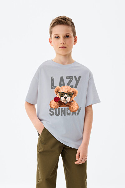 MYADA Tricou pentru băieți cu imprimeu Lazy Sunday Written Rose Holding Teddy...