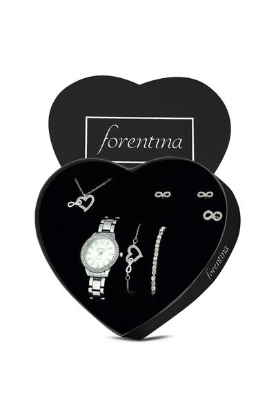 Forentina Gümüş Kaplama Kalpli Sonsuzluk Kolye Küpe Bileklik Yüzük Saat Hediy...