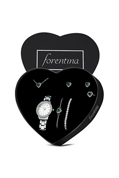 Forentina Gümüş Kaplama Yeşil Taşlı Kalp Kolye Küpe Bileklik Yüzük Saat Hediy...