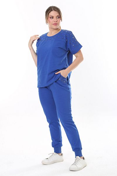 Şans Women's Large Size Saks Stone Detailed Short Sleeve Sweatshirt Pants Set 65N37702