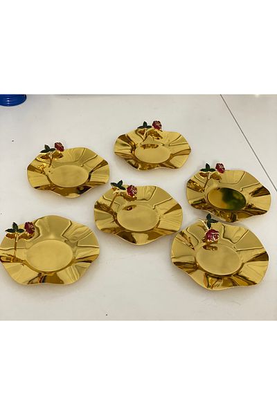 Elzem STAINLESS STEEL GOLD COLOR 6-PIECE TEA PLATE WITH ROSE ACCESSORIES