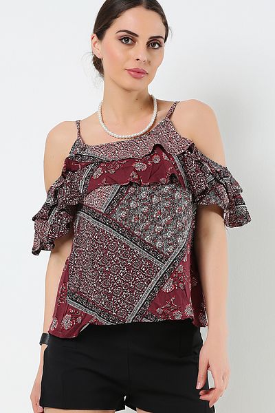 AVORWE U-Neck Shoulder Cutout Chest and Sleeve Ruffle Detail Sling Blouse