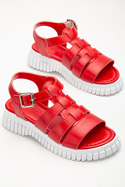 Tonny Black Women's Red Ankle Strap Three-Strap Poly High Sole Sandals