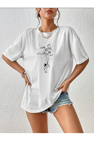 offsidesign تي شيرت نسائي كبير الحجم بتصميم رائد الفضاء بالون تي شيرت مطبوع ب...