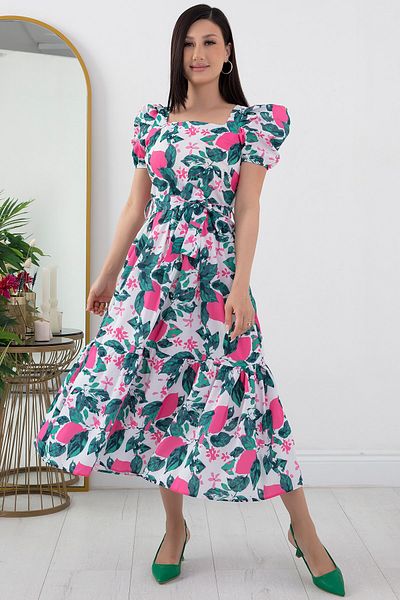 PULLIMM Țesătură popelin - guler pătrat și rochie cu curea cu imprimeu floral LHT1665