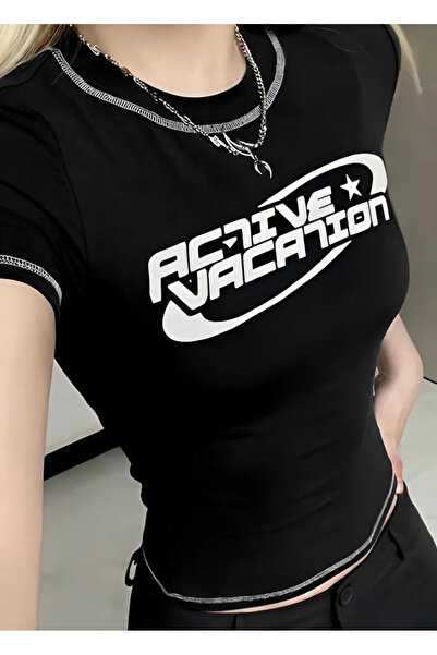 DEEFWEAR Y2k Black Active Vacation Star Crop Top