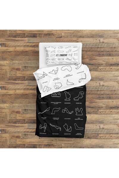 The Lucid Lab All Tracks / Formula 1 Pistleri Siyah-beyaz Çift Taraflı Nevresim Takımı 200 Cm X 220 Cm