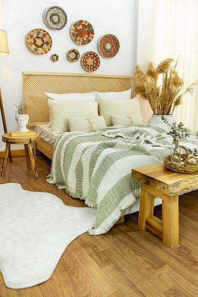 destinyhometex Sage Green 6 Layer Organic Linen Bed Sofa Cover 230x250cm/2 Pieces 50x70cm Pillowcase Set