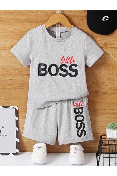 Afternoon Kids طقم شورت و تي شيرت للأطفال مطبوع عليه "Little Boss" باللون الرمادي