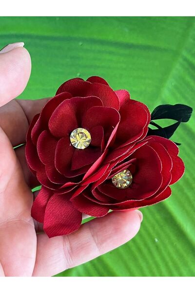 Gönülden Tasarım Kabartma Taşlı Çiçek Broş Yaka İğnesi 9x6 Cm BORDO
