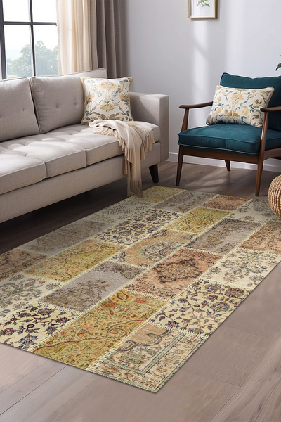 Serene Patchwork Pattern Cotton Based Washable Anti-Slip Antibacterial Chenille Lounge Rug