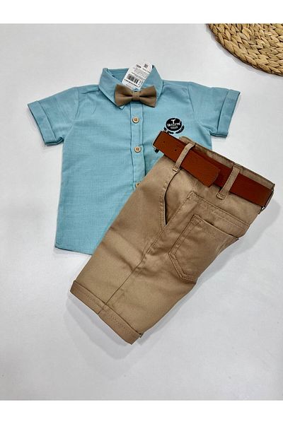 Esterella Boy's Set - Oxford Shirt, Bow Tie Neck, Short Sleeve, Belted Shorts