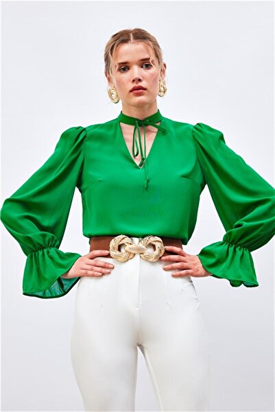 msendam Kadın Şifon Yaka Bağlama Detaylı Salaş Gömlek Bluz - Yeşil