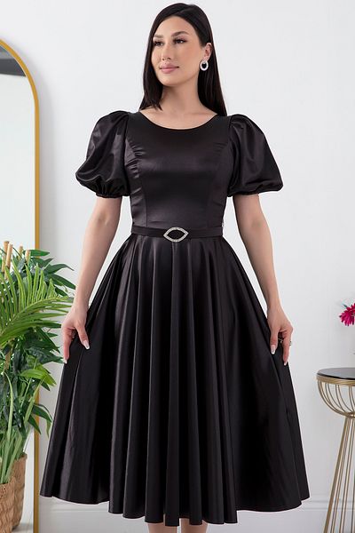 PULLIMM Satin Balloon Sleeve Belted Dress - 39849