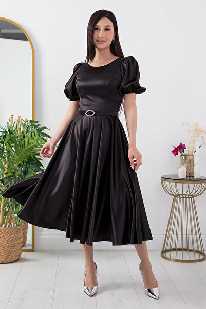 PULLIMM Balon Kol Kemerli Saten Elbise 39849