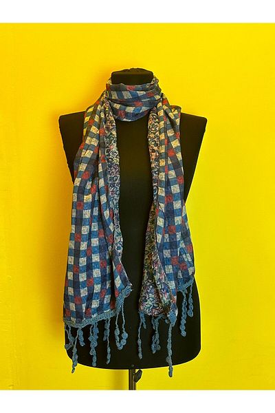 Gönülden Tasarım EșARFĂ DUBLĂ PLAIDĂ ȘI CUCURI DE FLORI 165X45 CM ALBASTRU