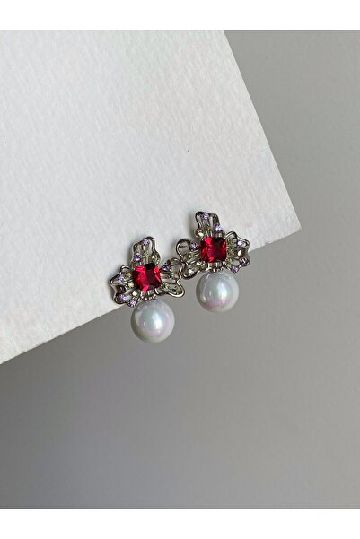 Owentis أقراط بيلامي من الفولاذ باللون الفضي والأحجار الكريمة باللون العنابي مع اللؤلؤ - لا تشويه -