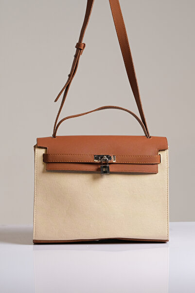 Çantacımstore Geantă de pânză detaliată din piele pentru femei Tan-crem