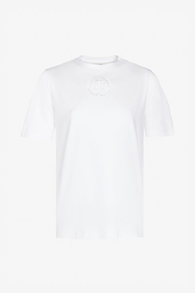 BROOKS BROTHERS Kadın Beyaz Bisiklet Yaka Pamuklu Nakışlı Tişört