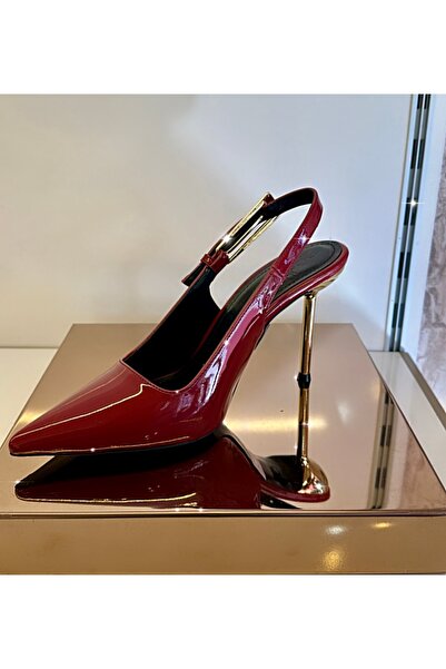 purple shoes Bordo Arkası Açık Sivri Burun Kemer Detaylı Stiletto
